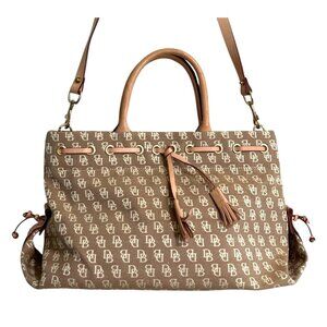 Dooney Bourke Monogram Satchel Bag Wool Cotton Tassel Removeable Strap Tan